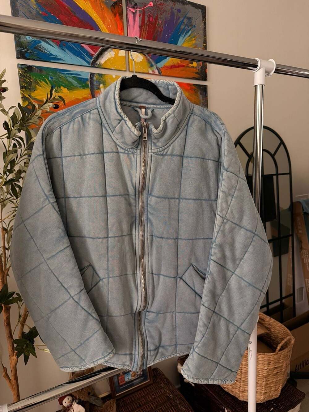 Free People Dolman Quilted Denim Oversized Jacket in Moonberry Blue Size S